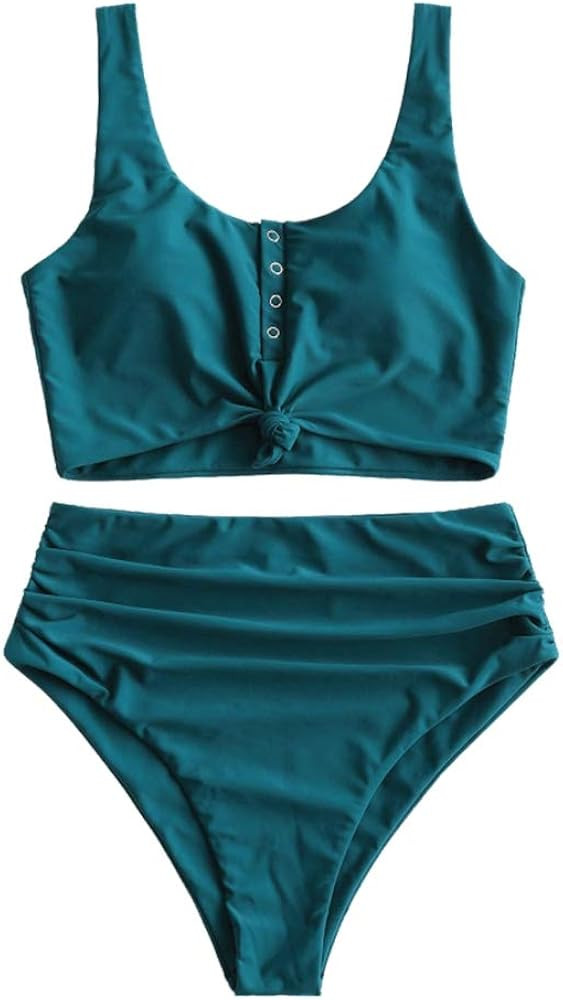 Women's Knotted Front Tankini Set High Waisted Bikini Scoop Neck Swimsuit Two Pieces Bathing Suit | Amazon (US)
