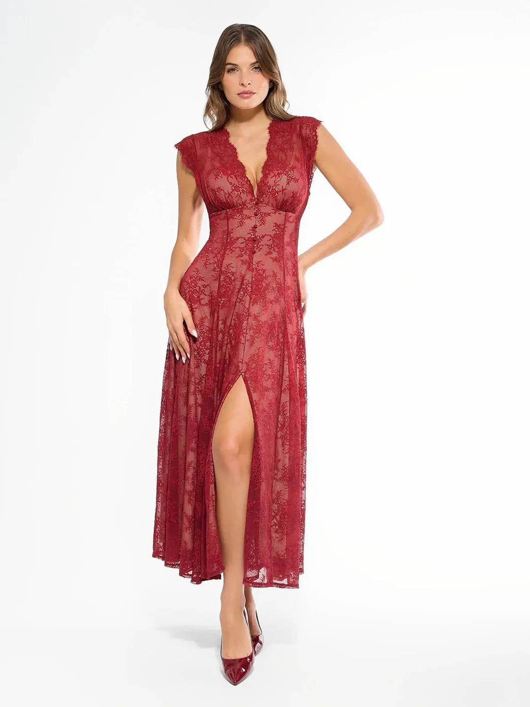 Shapewear Boho Floral Lace Front Slit Maxi Dress | Popilush
