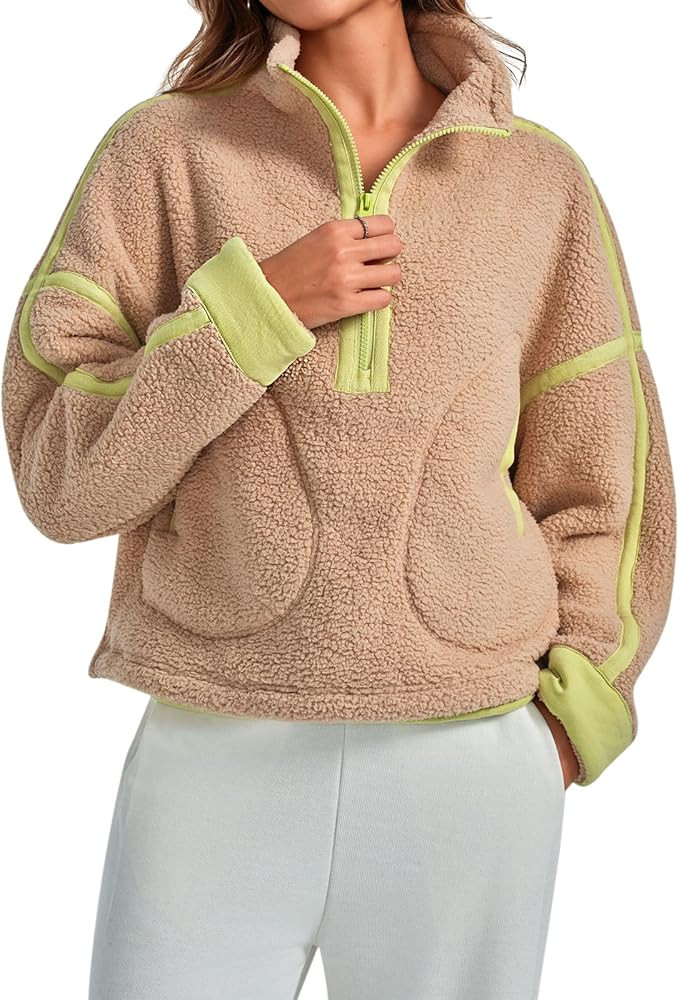 Women Sherpa Fleece Jacket Half Zip Oversized Cropped Sweatshirt Long Sleeve Pullover 2024 Winter... | Amazon (US)