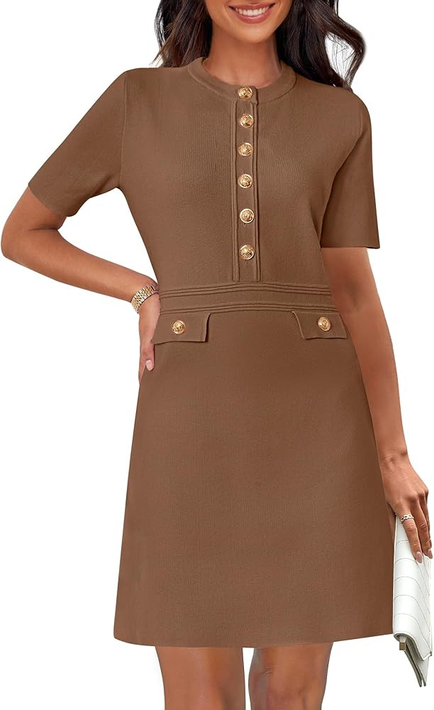 MEROKEETY Women's Knit Bodycon Sweater Dress Button Short Sleeve Crew Neck Elegant Formal Mini Dr... | Amazon (US)