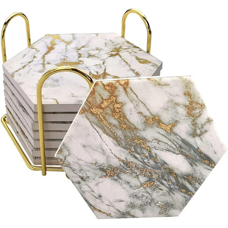 Hommtina 8 Pcs Drink Gold Coasters with Metal Holder Stand , Marble Coasters Design Ceramic Coast... | Walmart (US)