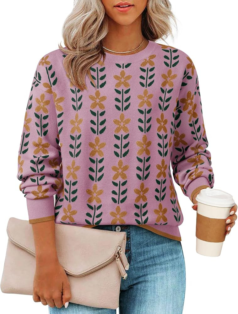 ZESICA Women's Long Sleeve Crewneck Sweater 2026 Fall Printed Cute Oversized Knitted Pullover Top... | Amazon (US)
