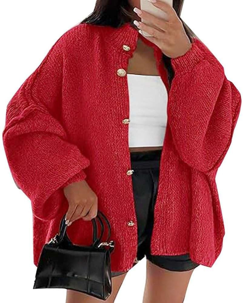 Oversized Chunky Kint Cardigan Long Lantern Sleeve Button Outerwear Loose Mock Knit Fall Sweaters... | Amazon (US)