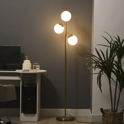 HOMCOM 3-Light Modern Floor Lamps for Living Room, Tree Standing Lamp for Bedroom with Globe Lampshade, Steel Base, (Bulb not Included), Gold | Wayfair North America