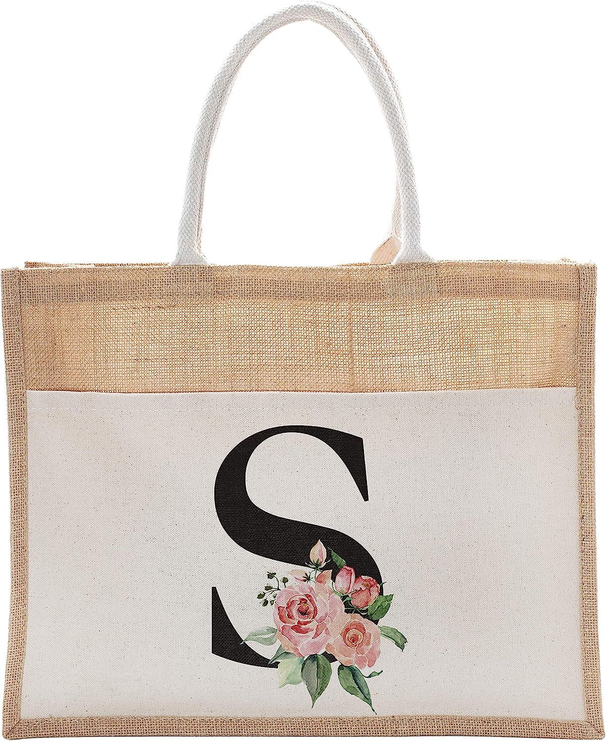 Daily Use Canvas Tote Bag With Floral Initial For Beach Workout Yoga Vacation #2 | Amazon (US)
