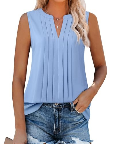 Gaharu Sleeveless Chiffon Tank Tops for Women Dressy V Neck Blouses Work Pleated Shirt | Amazon (US)