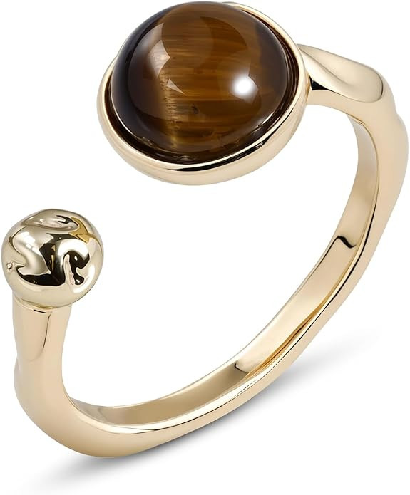 Tigers Eye Ring for Women - 14K Gold Plated Natural Gemstone Adjustable Open Ring, Double Brown R... | Amazon (US)