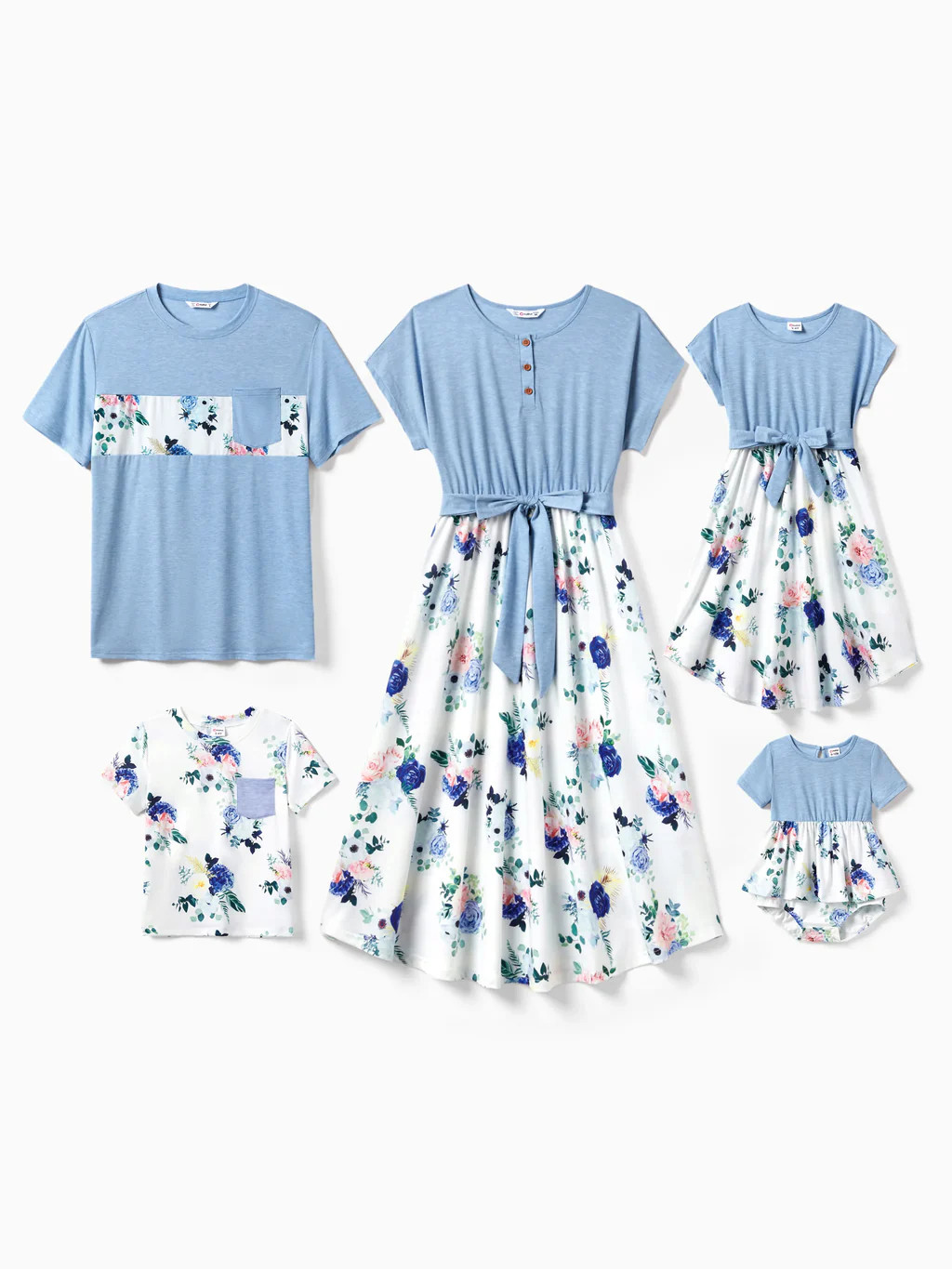 Family Matching Floral Colorblock T-Shirt and Quarter Button Belted Spliced A-Line Dress Sets lig... | PatPat