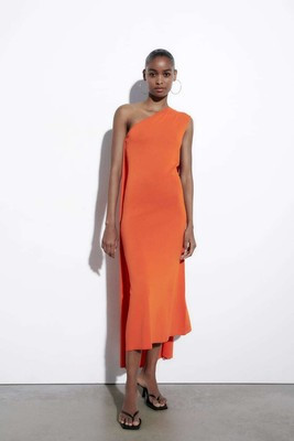 Zara Long Knit One Shoulder Cape Midi Dress Orange [ Size M ] 3390/026 | eBay UK
