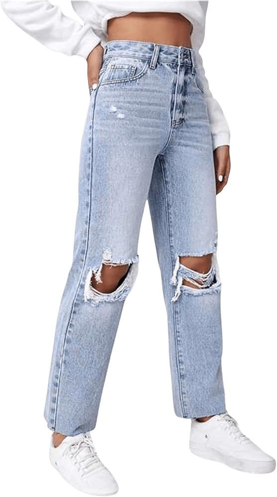 SweatyRocks Women's High Waist Ripped Distressed Cropped Jeans Straight Leg Denim Pants | Amazon (US)