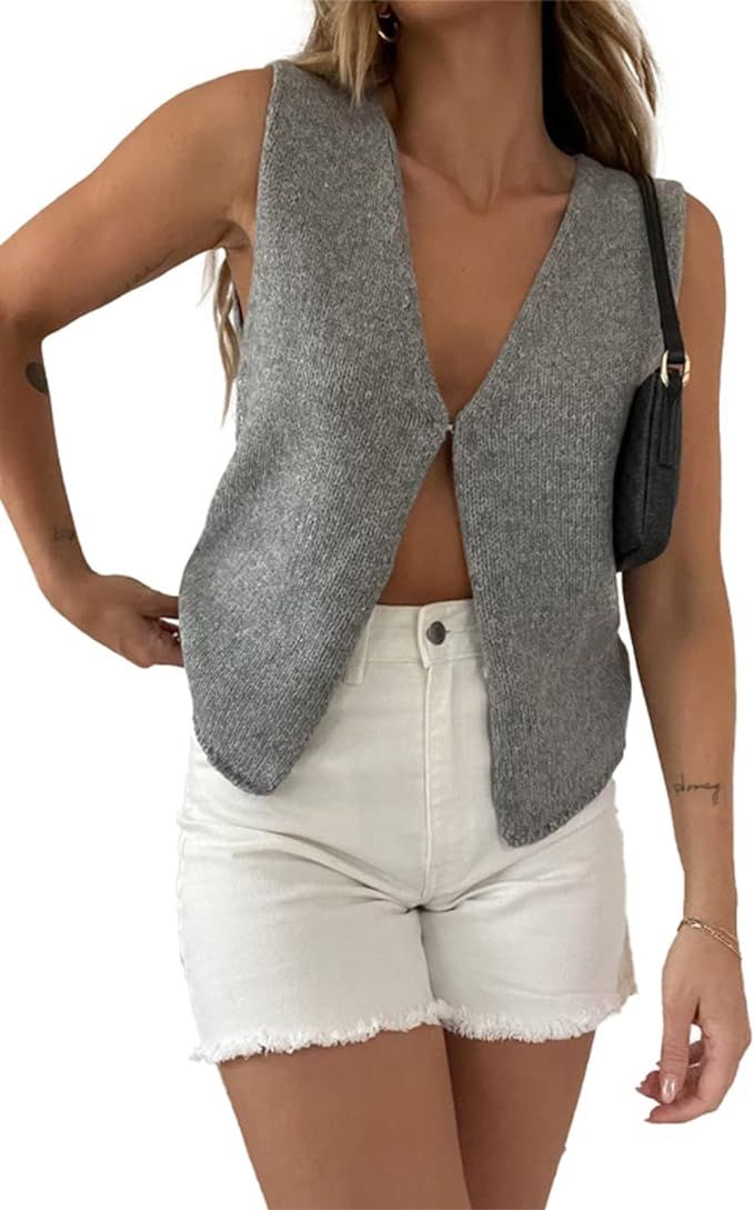 Women Y2k Crochet Vest Top Vintage Solid Color V Neck Sleeveless Button Down Crop Tops Streetwear | Amazon (US)