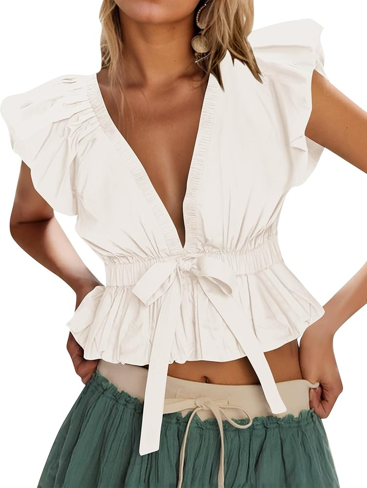 Women V Neck Sleeveless Babydoll Tank Top Bowknot Puff Cap Sleeve Ruffle Shirts Peplum Hem Blouse... | Amazon (US)