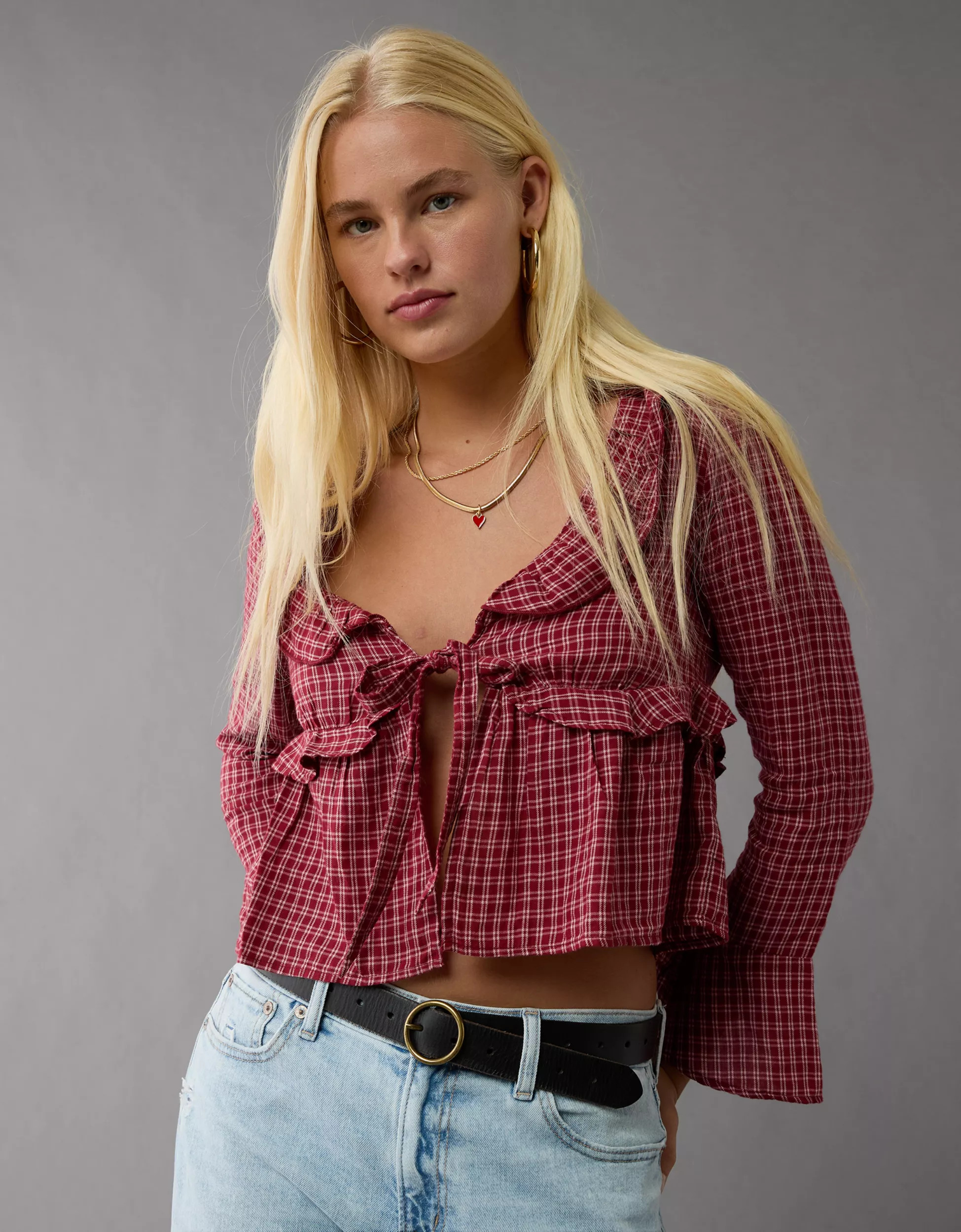 AE Long-Sleeve Ruffle Tie Front Top | American Eagle Outfitters (US & CA)