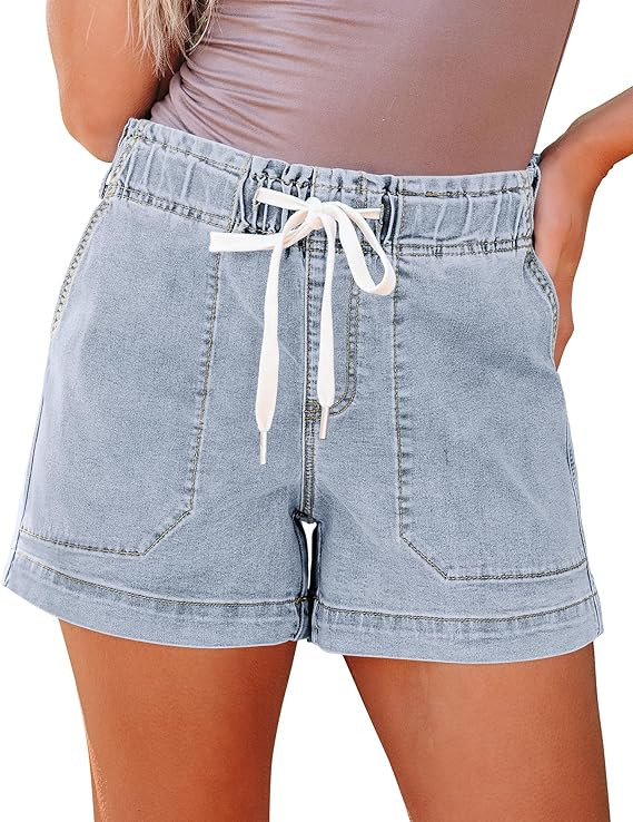 luvamia Jean Shorts for Women High Waisted Pull On Drawstring Elastic Waist Trendy Stretchy Denim... | Amazon (US)