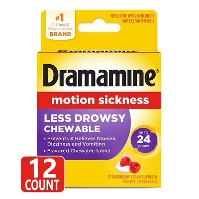 Dramamine All Day Less Drowsy Motion Sickness Relief Chewable Tablets - Raspberry Cream - 12ct: Digestive Health Treatment | Target