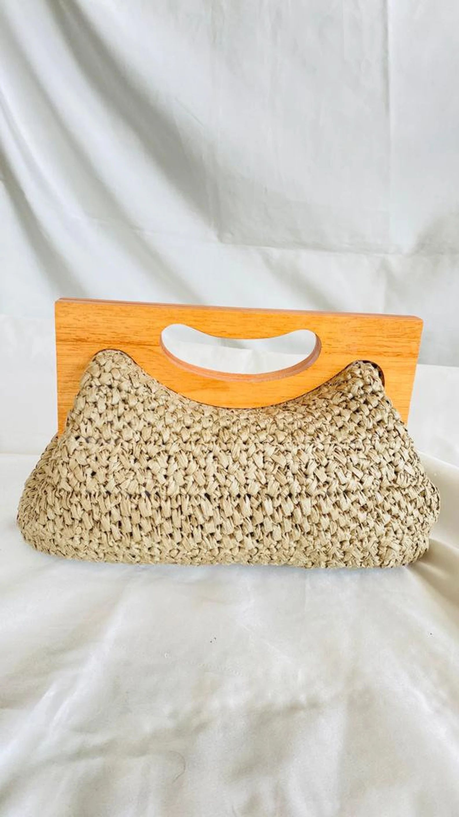 Natural Raffia Clutch Tote With Wooden Handle Crochet Beige Straw Handbag Timeless Elegance Minim... | Etsy (US)