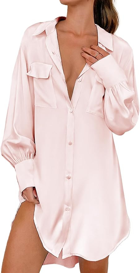 Ekouaer Women Satin Sleep Shirt Long Sleeve Nightgown Button Down Nightshirt Silk Sleepwear Soft ... | Amazon (US)