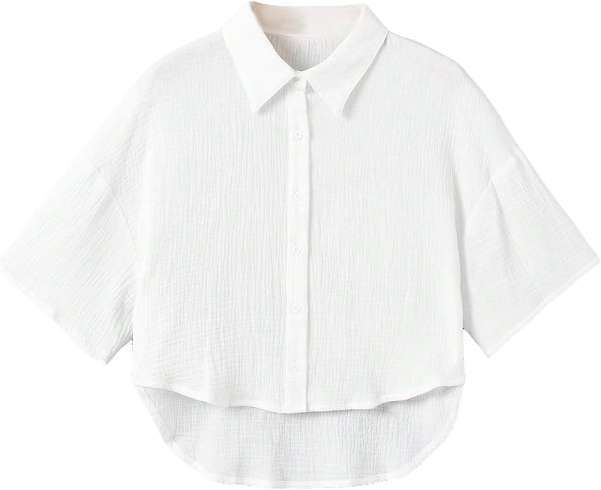 MakeMeChic Women's Summer Short Sleeve Plaid Button Down T Shirt Blouse Crop Top | Amazon (US)