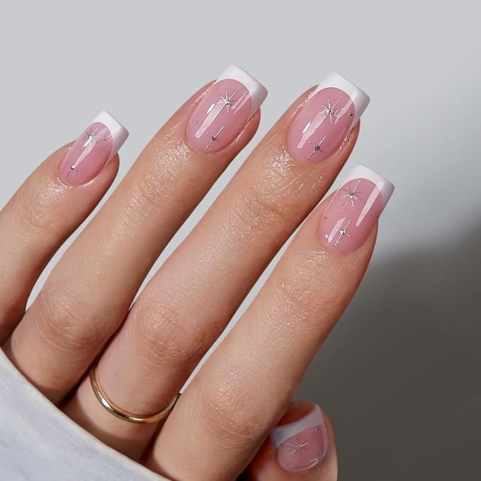 BTArtbox French Tip Press On Nails Short - Press On Nails with Stars, Natural Soft Gel Glue On Na... | Amazon (US)