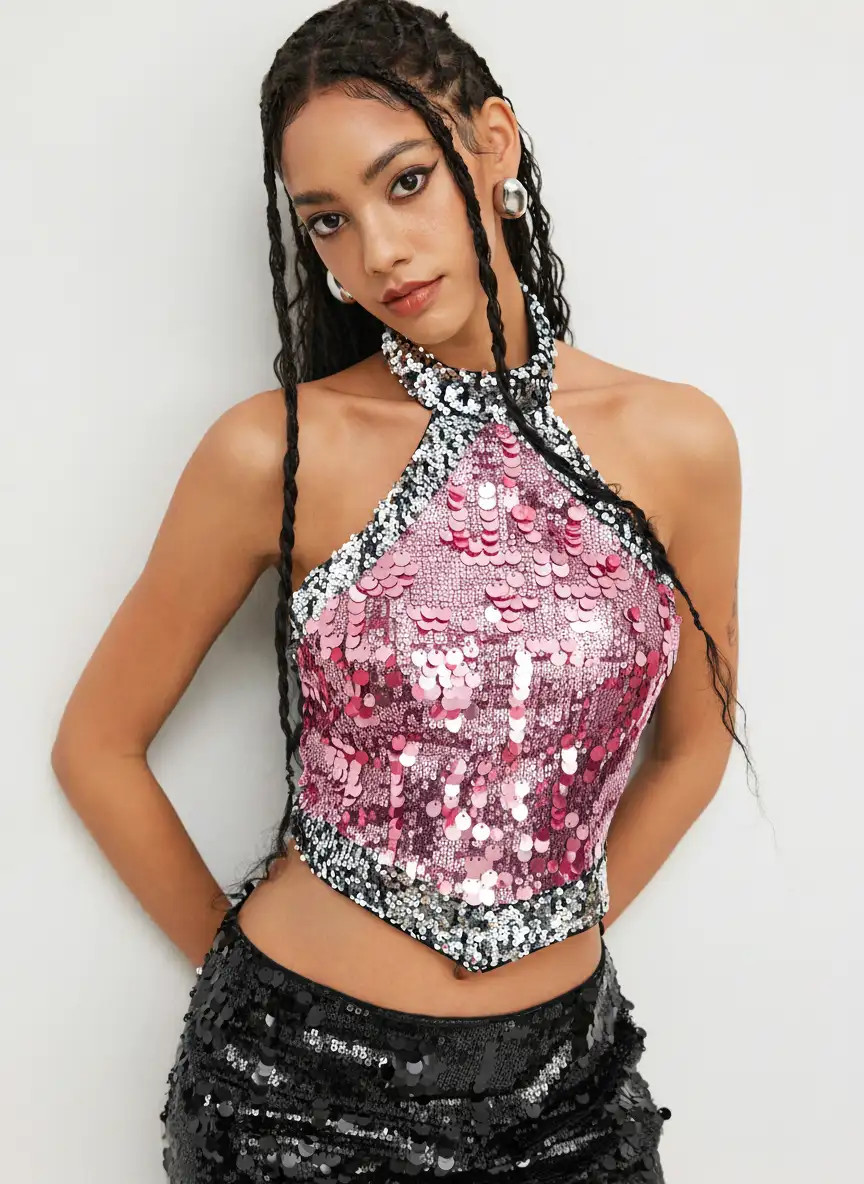 Sabrina Carpenter Outfit Sequins Sequin Halter Neckline Contrasting Binding Crop Tank Top For Par... | Cider