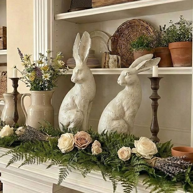Weathered Sitting Rabbit Figure Set of 2 | Antique Farm House