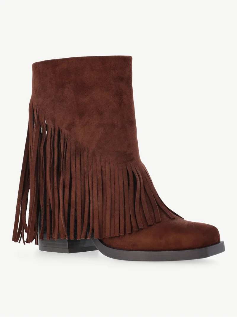 No Boundaries Faux Suede Fringe Booties, Women's | Walmart (US)