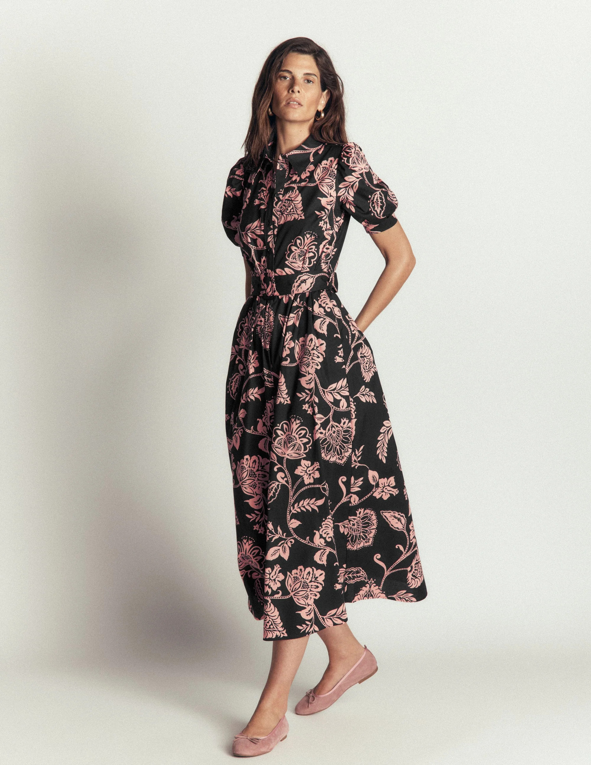 Belted Cotton Midi Dress-Black, Planted Meadows | Boden (US)