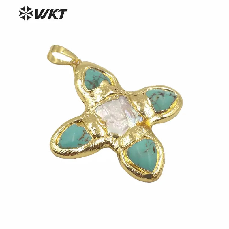 Gold Electroplated Turquoise & Pearl Cross Pendant | Etsy (Global)