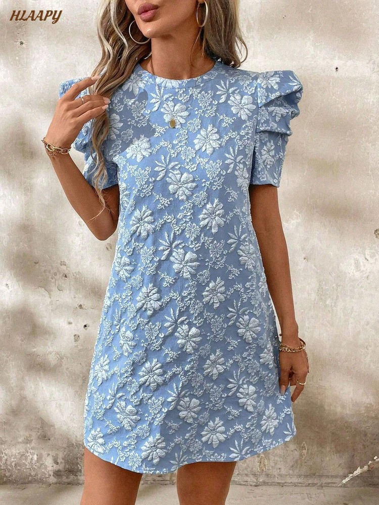 Women's Elegant Floral Jacquard Dress, Puff Sleeve Lightweight Shift Mini Dresses | SHEIN