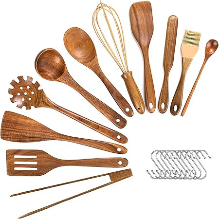 Wooden Utensils For Cooking,11 Pcs Wooden Spoons for Cooking, Teak Wooden Utensils Set, Wood Kitc... | Amazon (US)