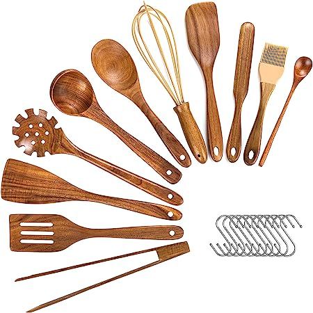 Wooden Utensils For Cooking,11 Pcs Wooden Spoons for Cooking, Teak Wooden Utensils Set, Wood Kitc... | Amazon (US)