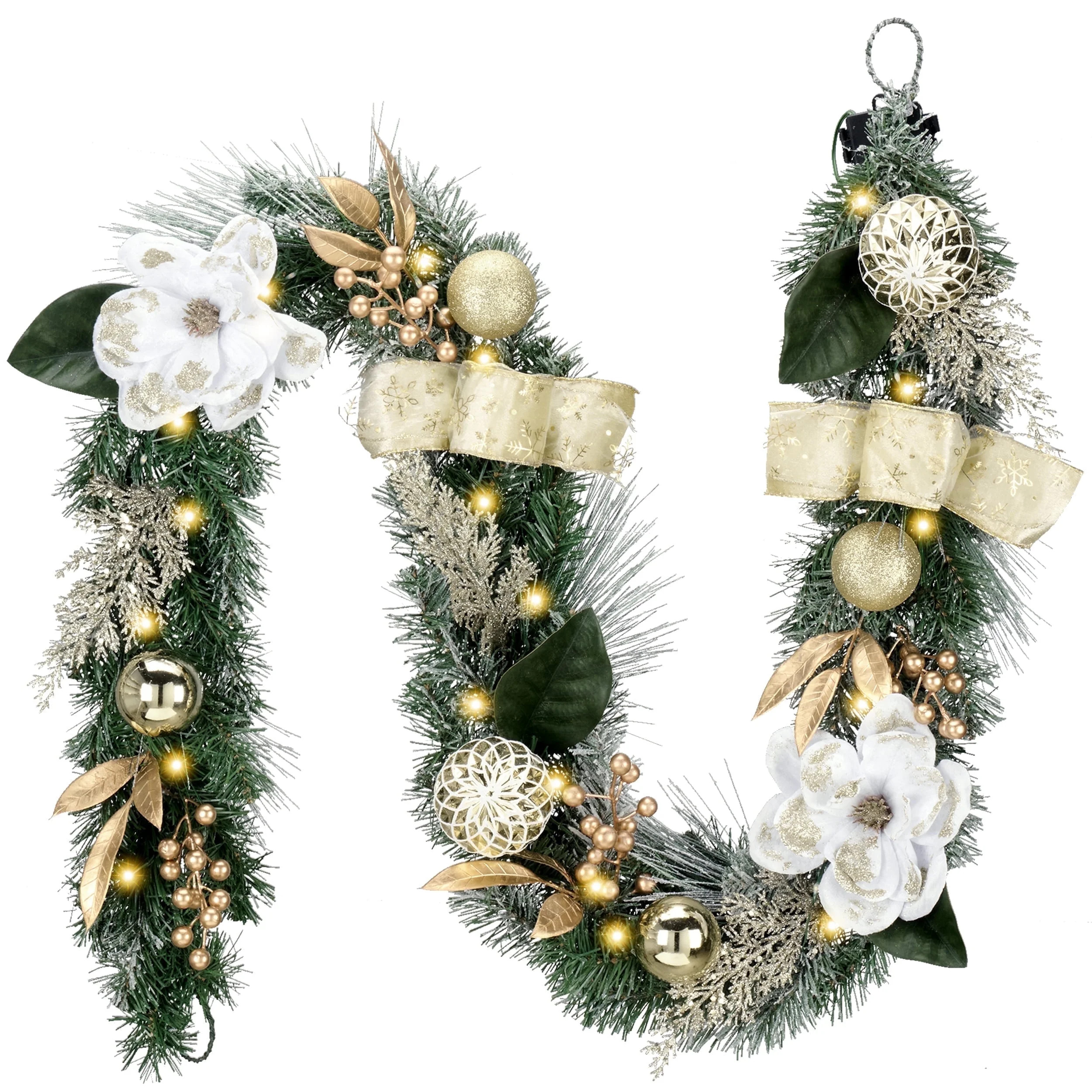 Valery Madelyn 6 ft Pre-Lit Christmas Garland White Gold Lighted Garland with Gold Bows & White F... | Walmart (US)