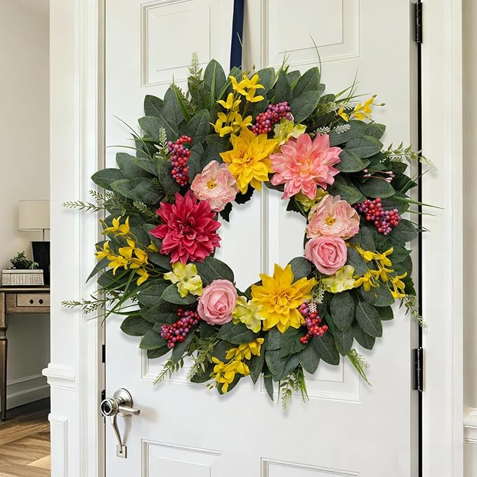 Spring Summer Eucalyptus Wreaths for Front Door Outside 24 Inch Door Flower Wreath with Peony Dah... | Amazon (US)
