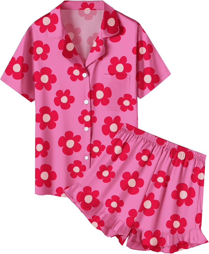 QZH.DUAO Girls Satin Pajamas Set Button Down Silk 2 Piece Pj Sets Ruffle Short Sleeve Sleepwear | Amazon (US)