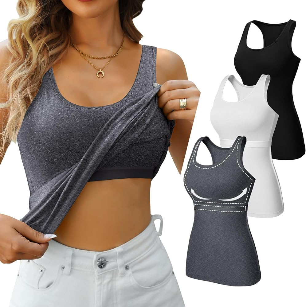 V FOR CITY Shelf Bra Tank Tops Racerback Workout Tops Yoga Shirt Women's Cotton Undershirt 2 Pack | Amazon (US)