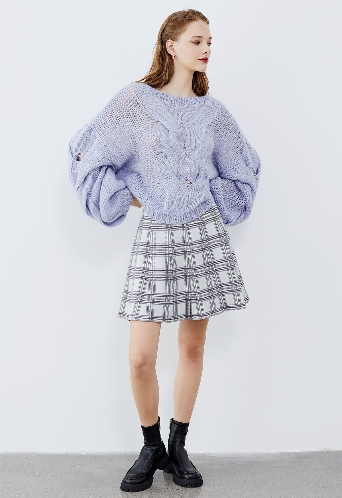 Hand-Knit Puff Sleeves Sweater in Blue | Chicwish