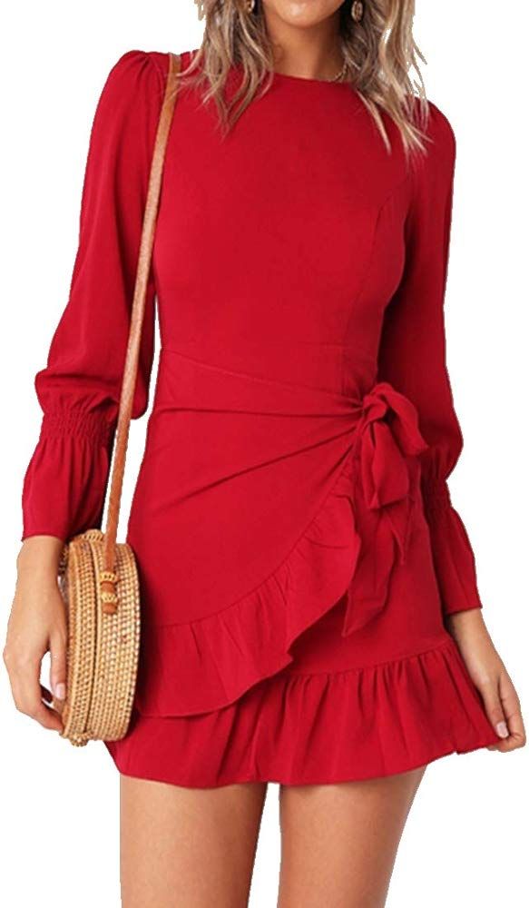 Womens Long Sleeve Round Neck Ruffles Wrap Dresses Party Dress | Amazon (US)
