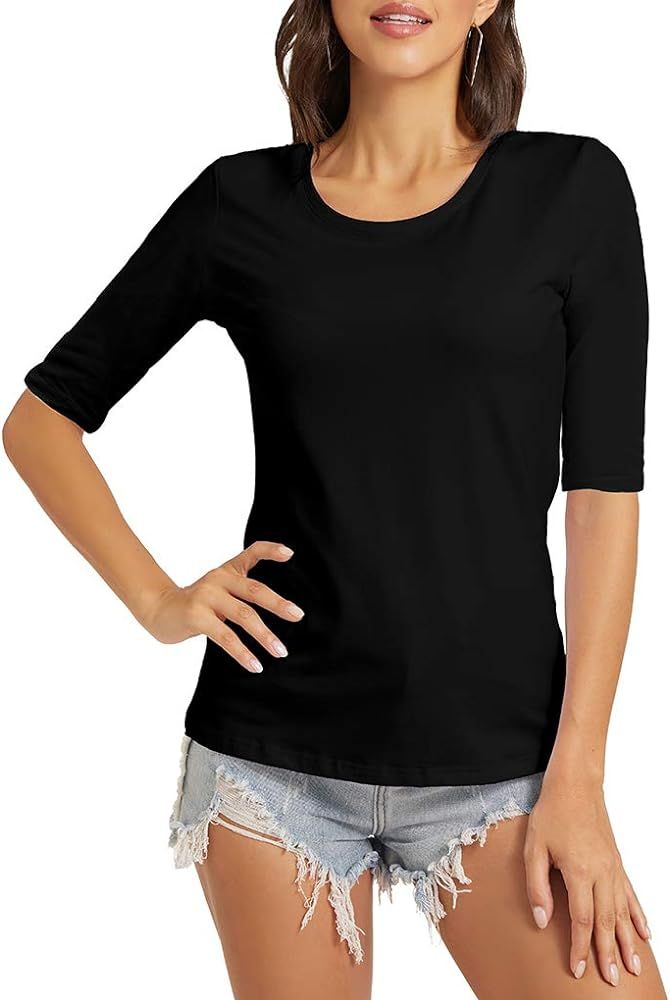 VIIOO Women's Basic Half Sleeve Crew Neck T-Shirt Casual Solid Slim Cotton Top | Amazon (US)
