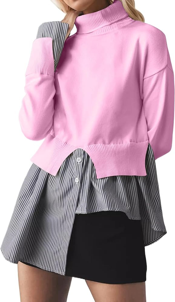 MISSACTIVER Women Slit Turtleneck Patchwork Sweater 2 in 1 Buttons Down Pullover Knit Sweater Asy... | Amazon (US)