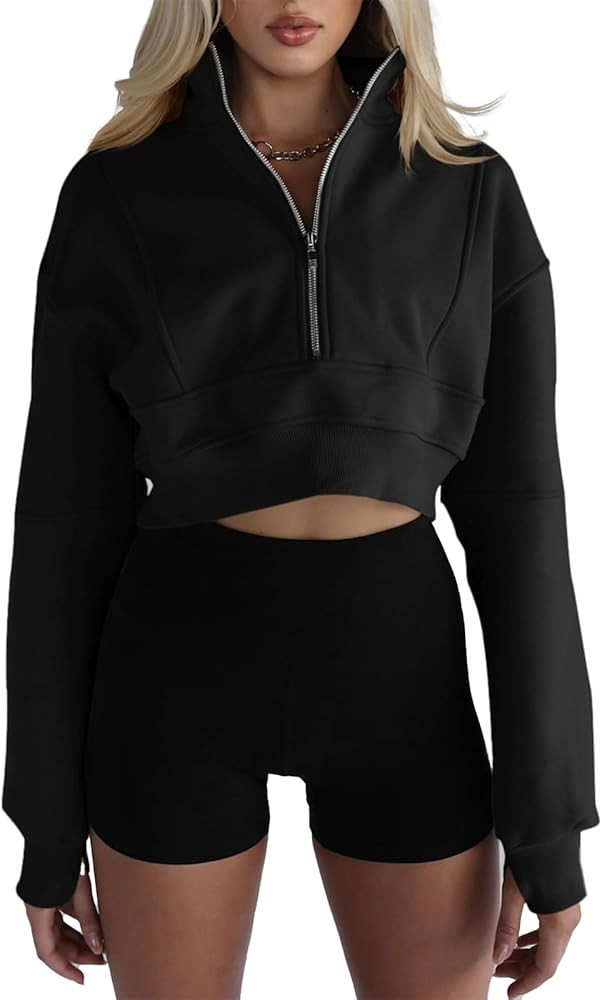 Fisoew Women's Half Zipper Cropped Sweatshirts Casual Long Sleeve Tops With Thumb Hole | Amazon (US)
