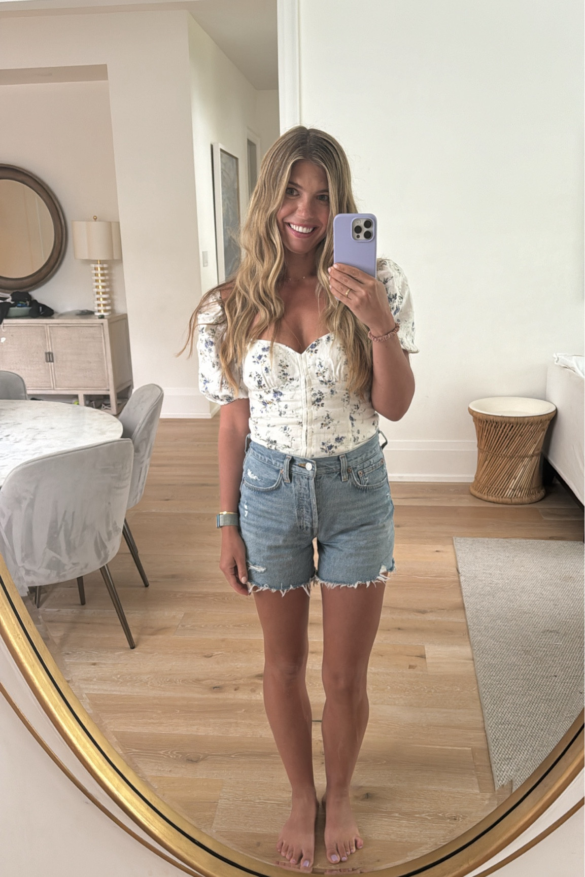 Obsessed with these shorts, they are longer and the only jean shorts I can wear around children these days 😂😂 I sized down to a size 25. The shirt is an old Reformation one but I linked some similar! 