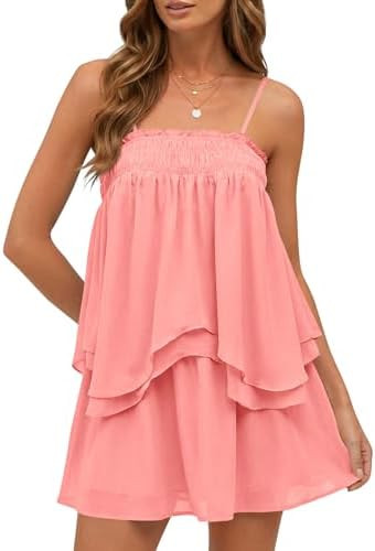Wenrine Womens Summer Two Piece Skirt Sets Casual Smocked Cami Tops Mini Skirts Ruffle Tiered Flo... | Amazon (US)