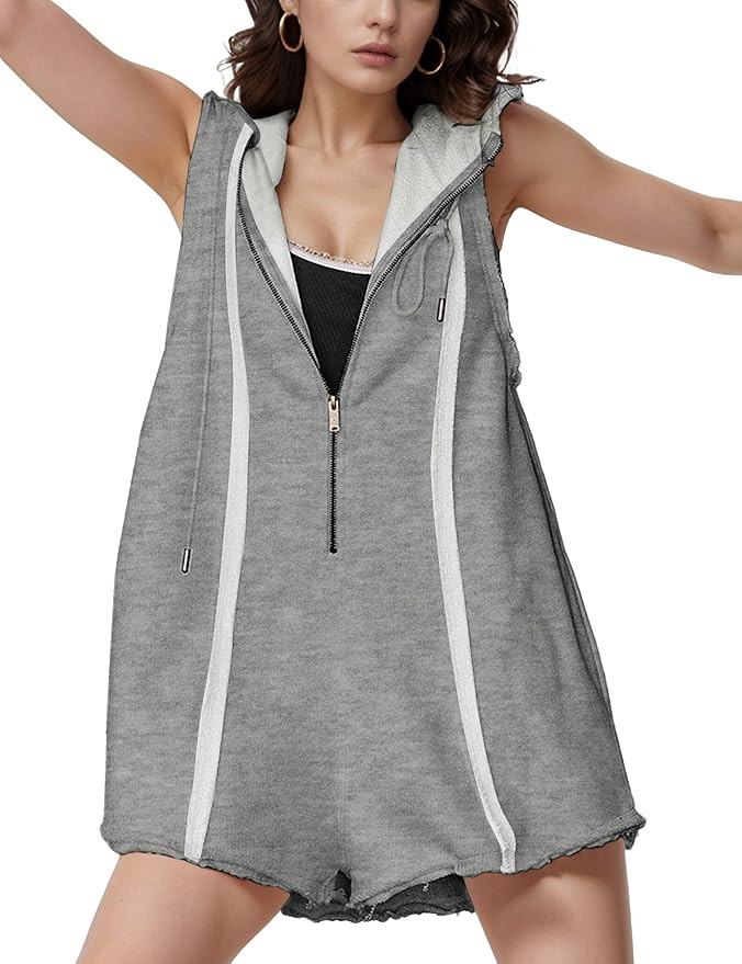 Rompers for Women Athletic Workout Hooded Romper Casual Zip-Front Neck Jumpsuits Overalls with Po... | Amazon (US)
