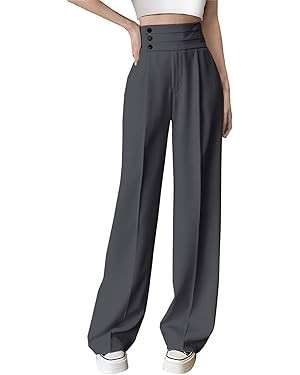 Betusline Women's High Waist Dress Pants Business Side Button Work Wide Leg Pants Straight Leg Tr... | Amazon (US)