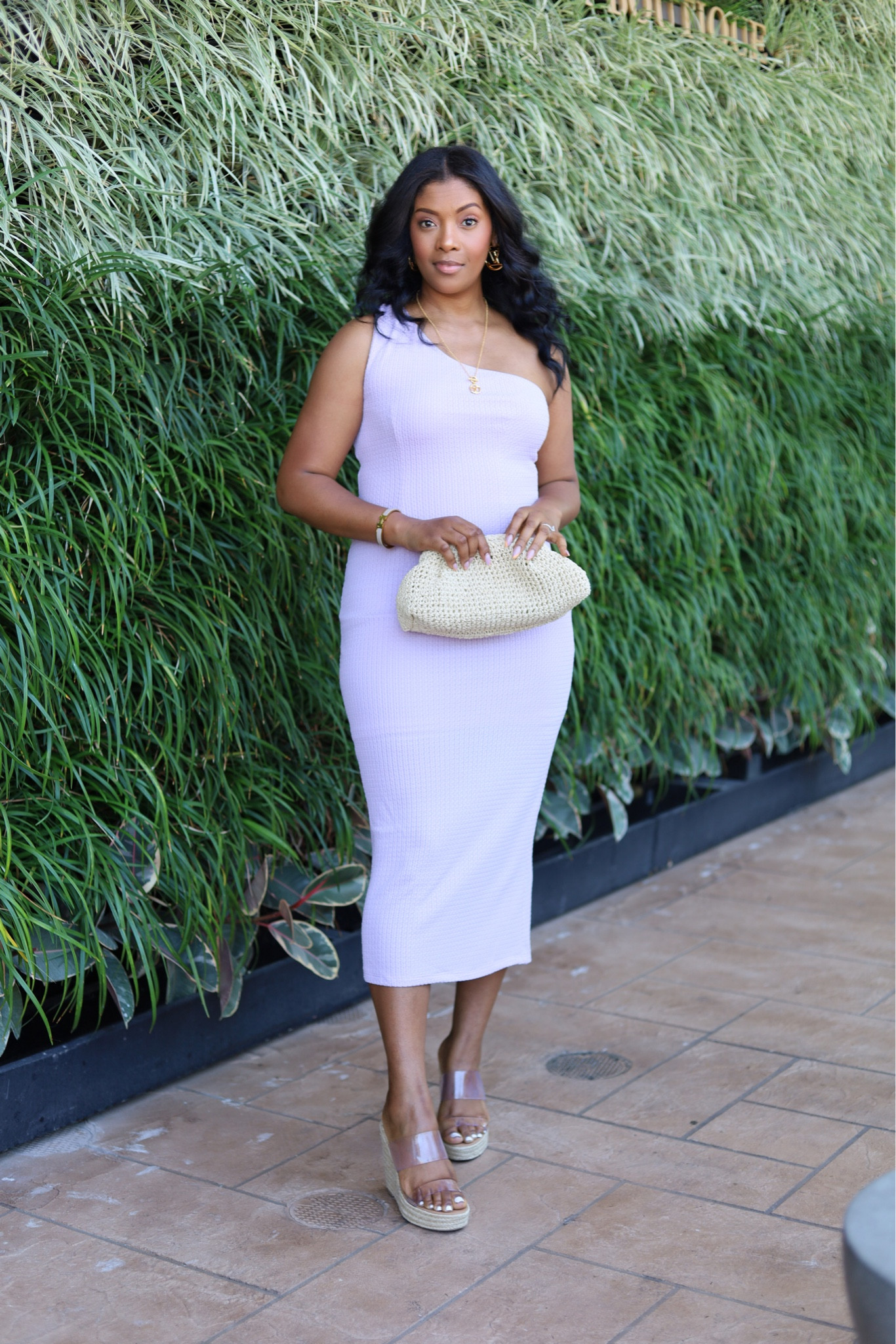 Vici vacay looks. Outfit ideas. Outfit goals. Lavender purple maxi dress, one shoulder, classy. 

#LTKtravel #LTKwedding #LTKsalealert