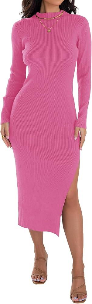 ZESICA Women's Mock Neck Sweater Dresses Long Sleeve Side Slit Slim Fit Fall Elegant Ribbed Knit ... | Amazon (US)