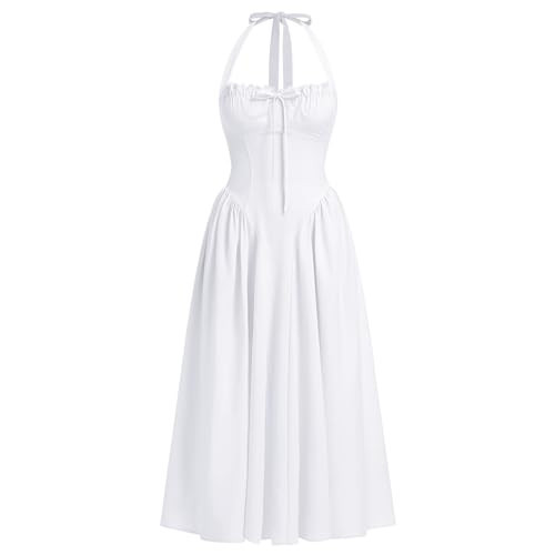 White Corset Dress for Women, Summer Midi White Sundress Corset Midi Dress for Women Formal Lace Tea Length Party Dress Wedding Guest Bridesmaid Engagement Dresses White M | Amazon (US)