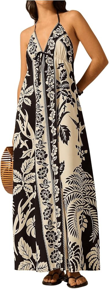 SOLY HUX Women's Boho Floral Print Maxi Dress Halter Backless Flowy Long Vacation Beach Summer Dr... | Amazon (US)
