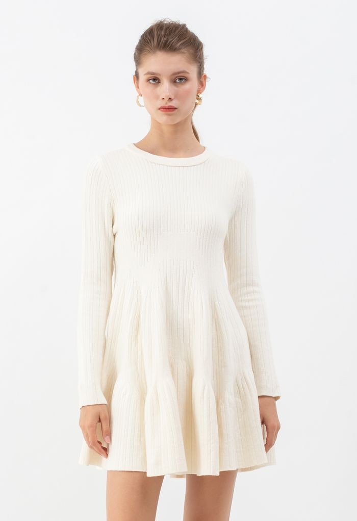 Frilling Hem Round Neck Knit Dress in Cream | Chicwish