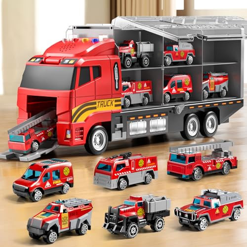 NIPLOOOW Toddler Boys Toys for 3-5 Years Old, Fire Truck Vehicle Set with Play Mat and Die-Cast Toy Car, Transport Carrier Truck for Kids 3-5, Birthday Gifts Toys for 3-8+ Year Old Boys | Amazon (US)
